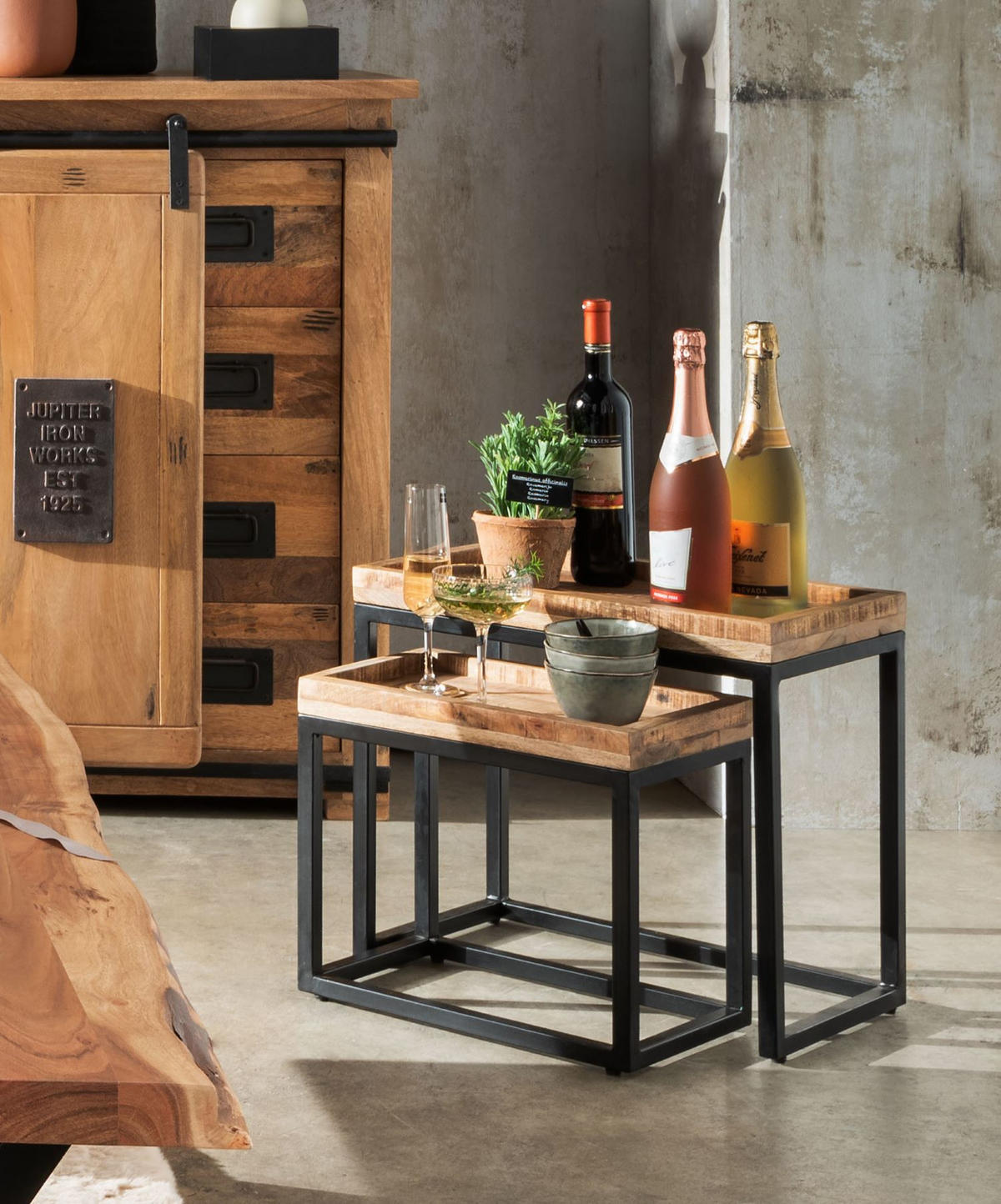 COUCHTISCH Lecce - 2er Set - Mangoholz natur - Schwarz/Braun, Holz/Metall (50/45/30cm) - bene living