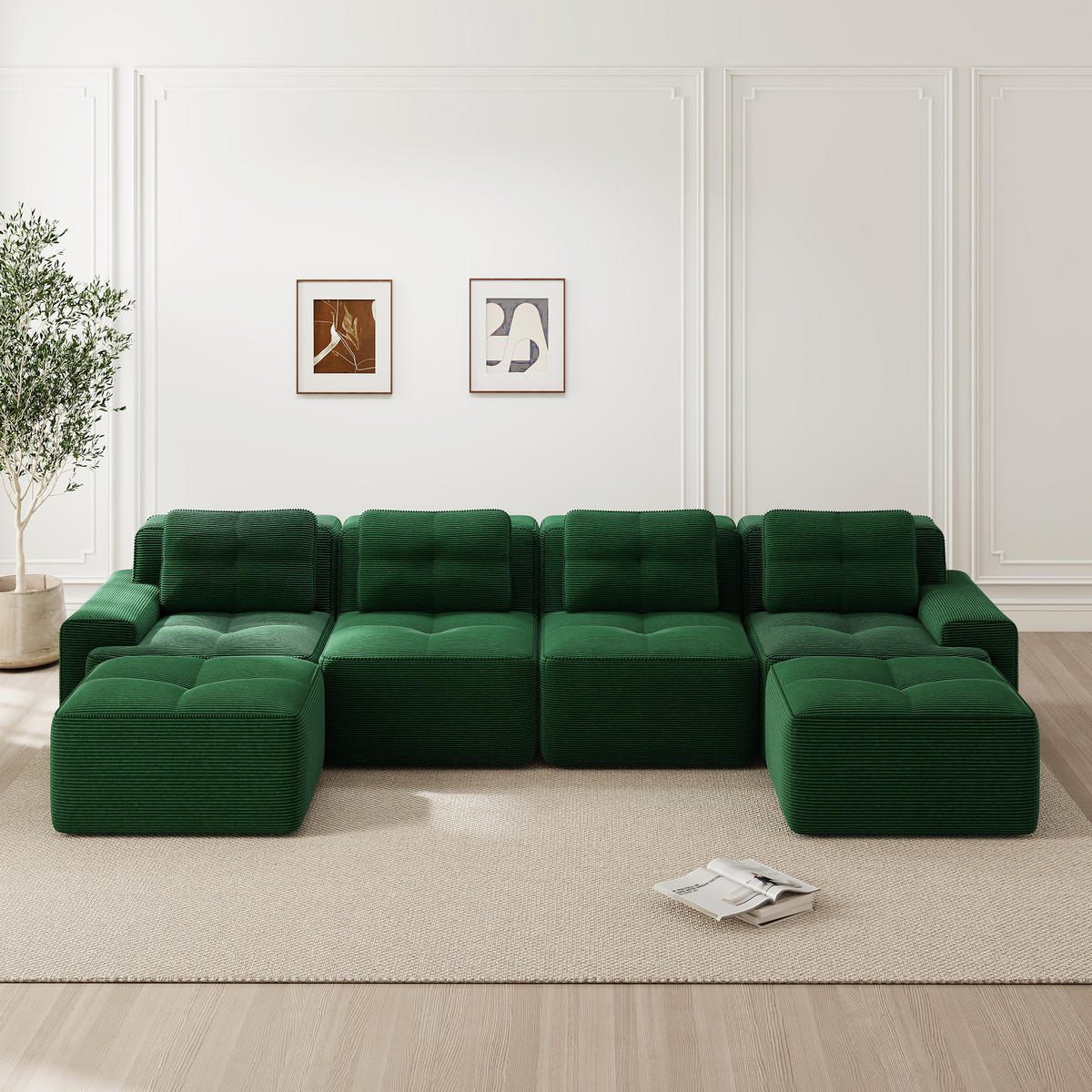 WOHNLANDSCHAFT Beige 382/177/69 cm 4-Sitzer Cordstoff Modular - Grün, Textil (382/69/177cm) - PANGIVO