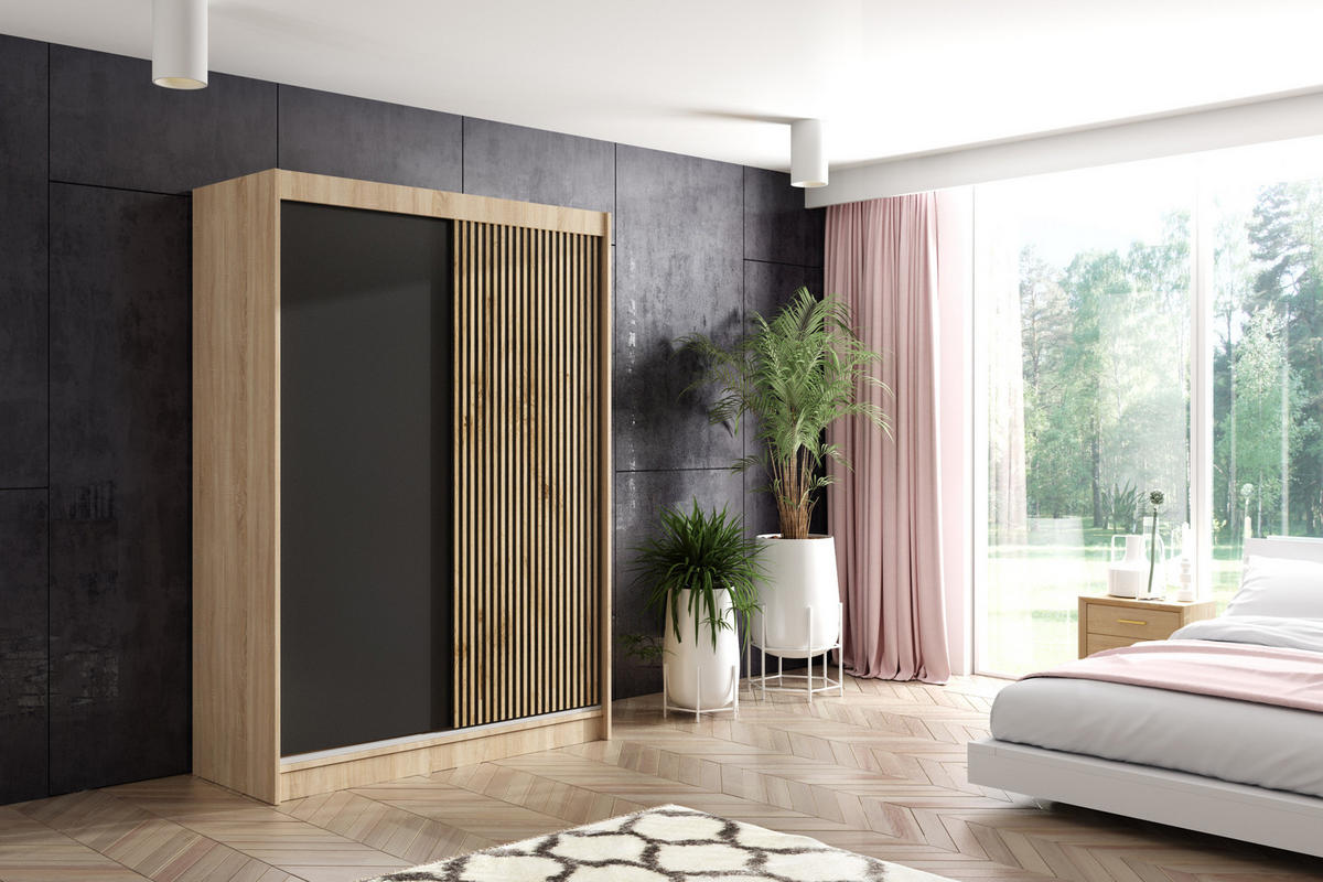 KLEIDERSCHRANK VILAN mit Lamel/LED - 150 cm - Sonoma Eiche|Eiche Wotan - Eiche Wotan/Sonoma Eiche, Holzwerkstoff (150/215/61cm) - ALTDECOR