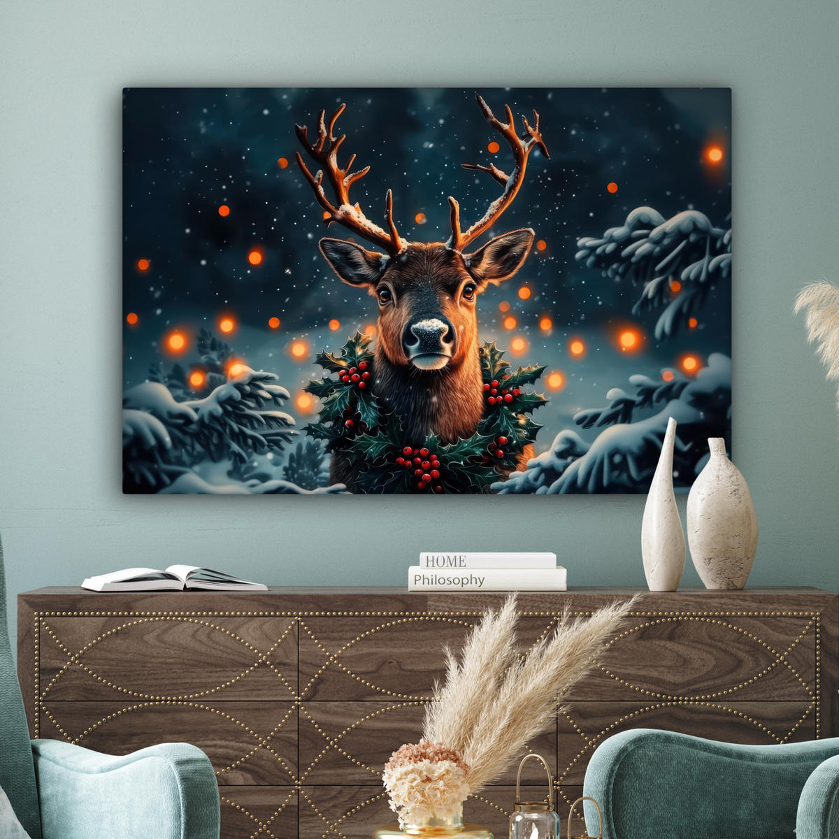 LEINWANDBILD Hirsch - Weihnachten - Winter - Schnee - Weihnachtskranz Groß 140x90 cm - Dunkelbraun, Textil (140/90cm) - MuchoWow