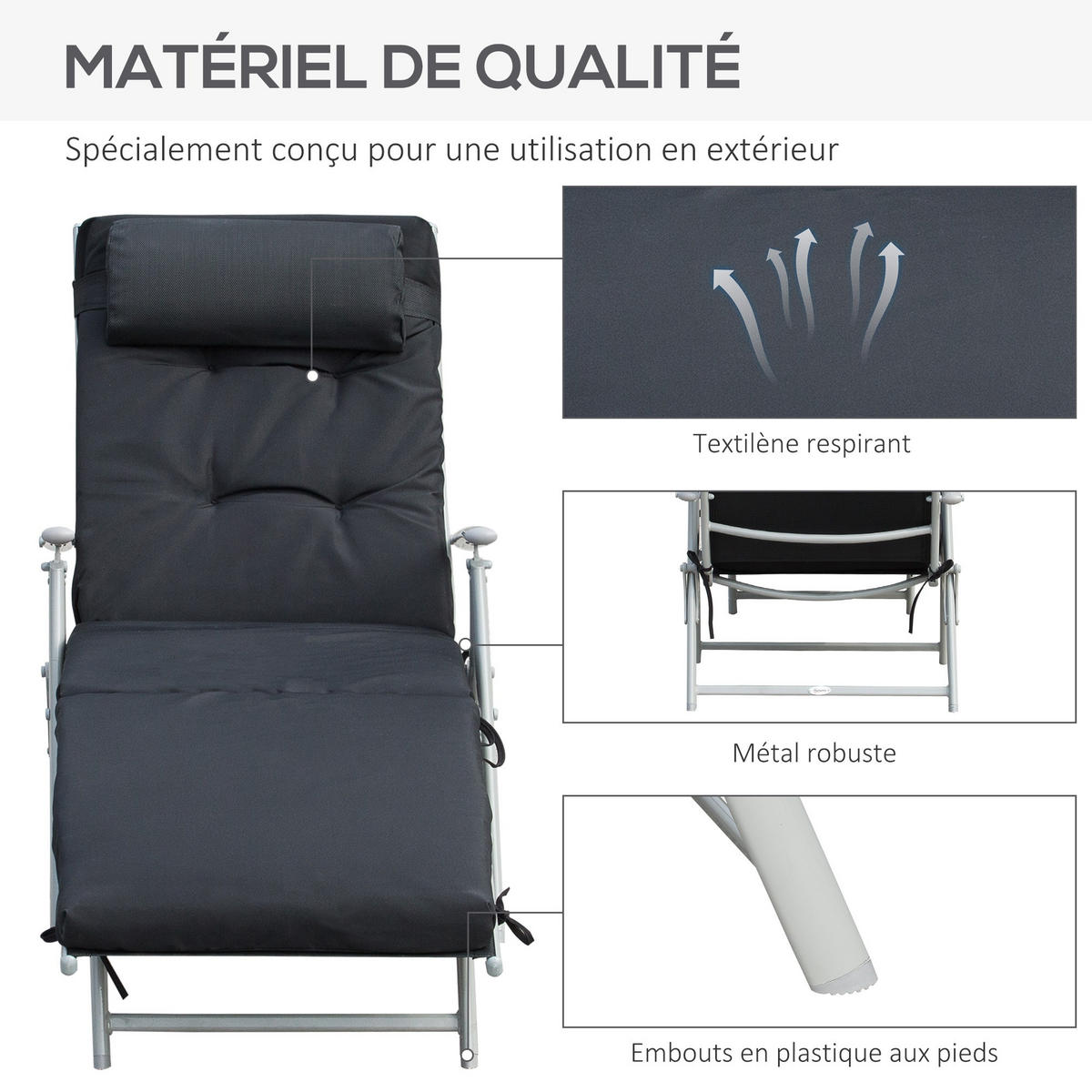 SONNENLIEGE DE-13549 7-fach verstellbar mit Matratze & Armlehnen Schwarz - Schwarz, Metall (63.5/100.5/137cm) - ComfortXL
