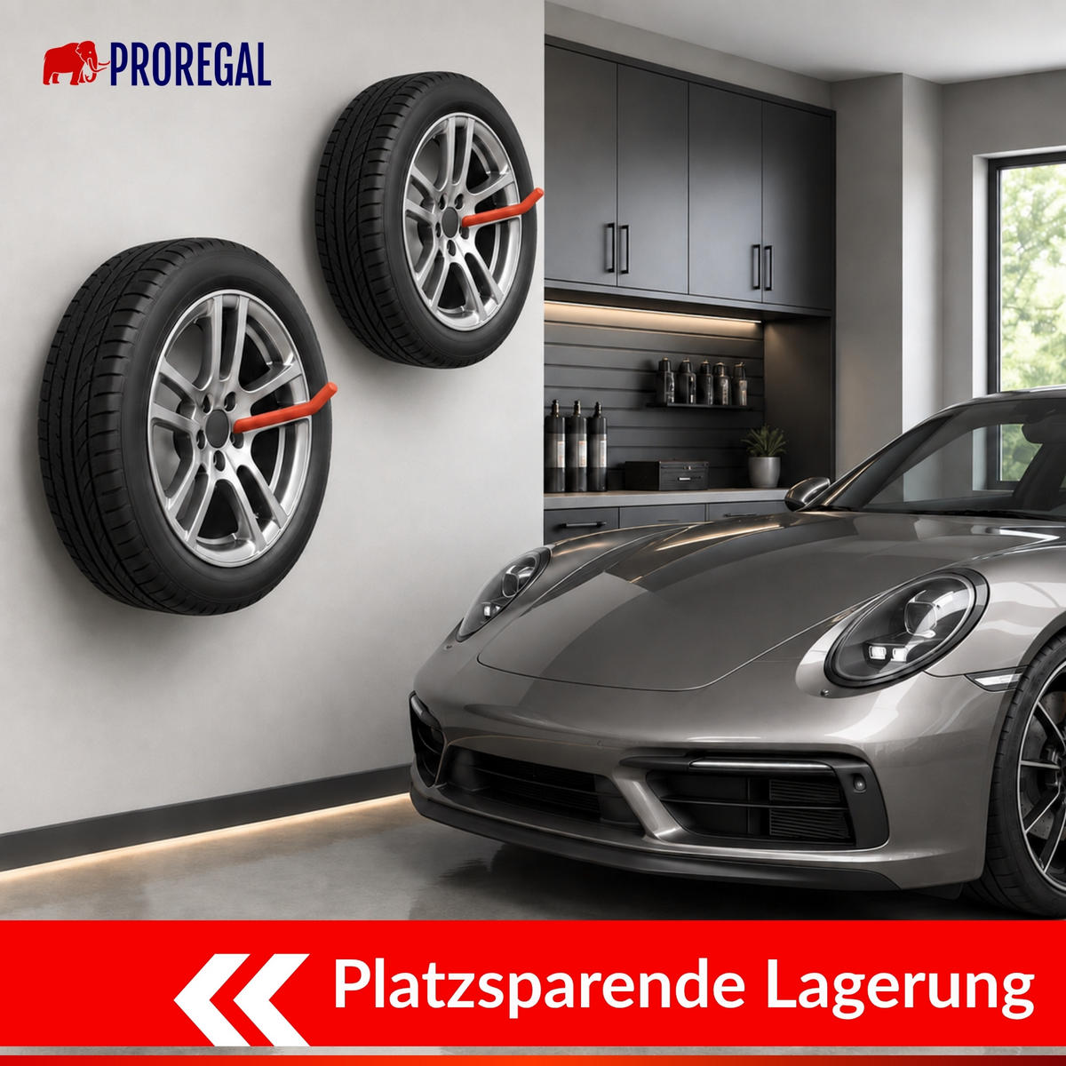 REIFENHALTER Wandhalterung PREX 8er Reifen Set HxBxT 9x5x25 cm Traglast 30 kg Rot Set für Garage Zum Anschrauben mit hoher Qualität - Rot, Metall (25/5/9cm) - PROREGAL