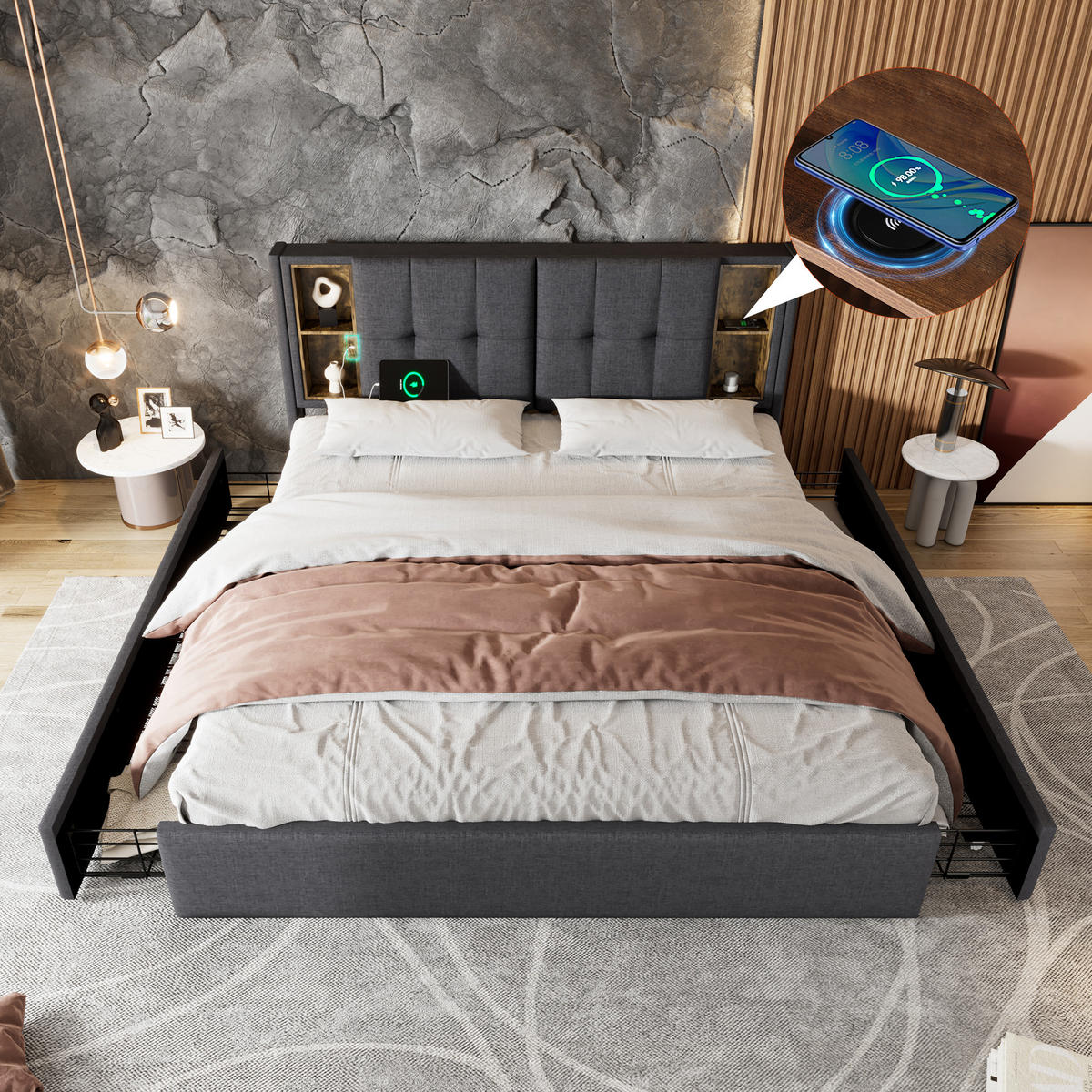 POLSTERBETT 160/200 cm in Grau Leinen mit 4 Schubladen, USB und Type-C - Grau, Holzwerkstoff/Textil (160/200cm) - WISHDOR