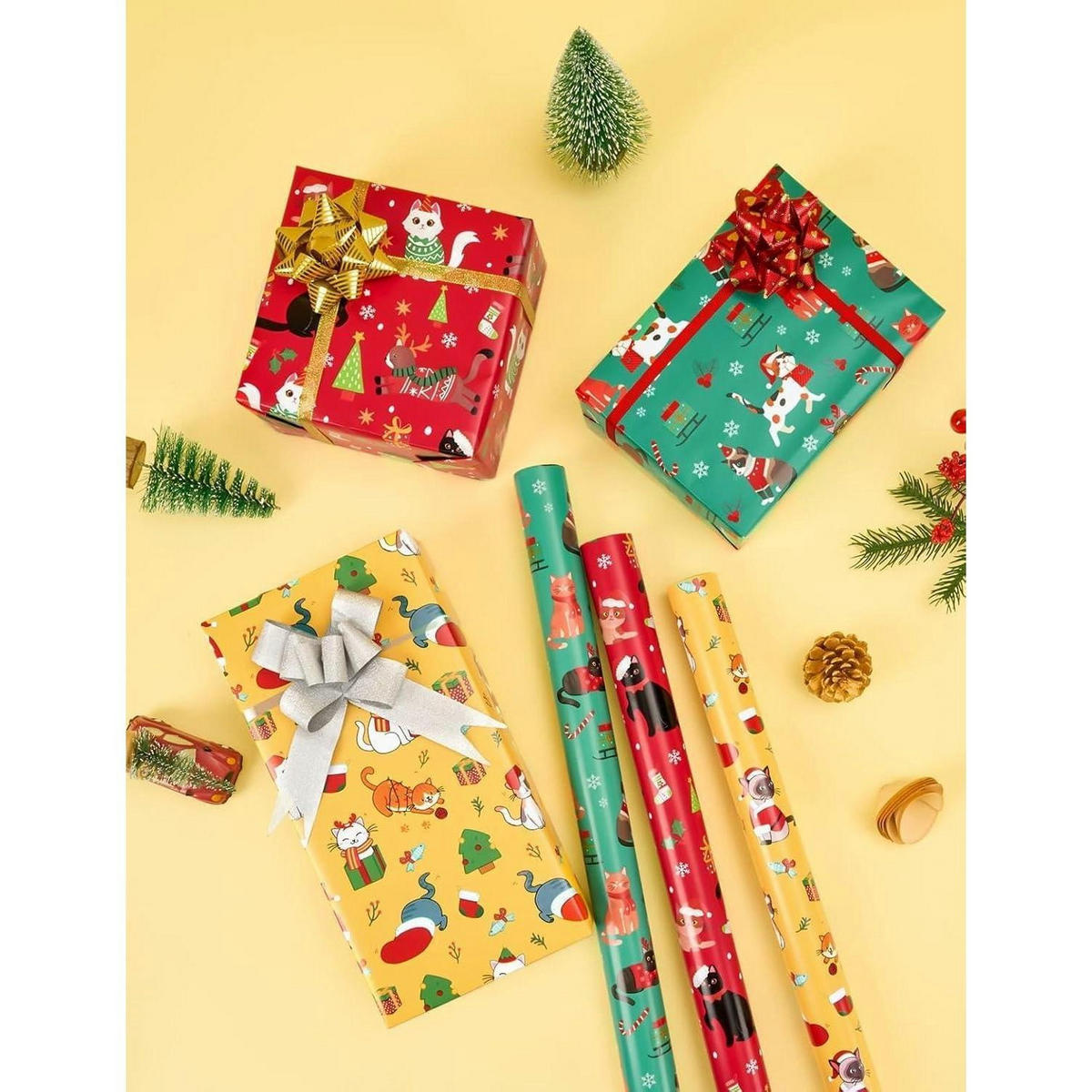 GESCHENKPAPIER 3 Rollen Set Weihnachtskatzen 50,8 x 304,8 cm - Multicolor, Papier (43/1/305cm)