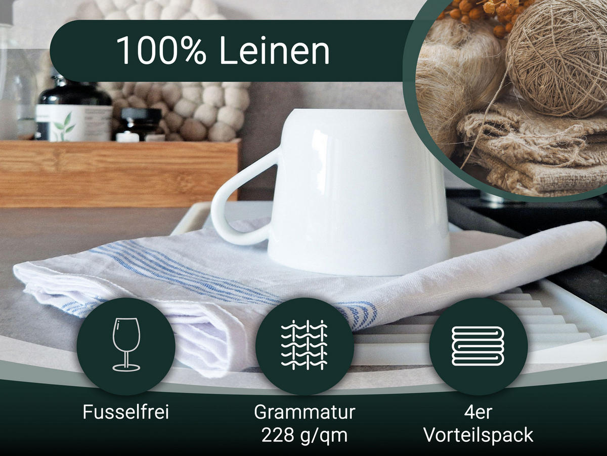 GESCHIRRTÜCHER, 4er-Set, 50x70 cm, 100% Leinen, Weiß - Blau/Weiß, Textil (50/70cm) - Zollner