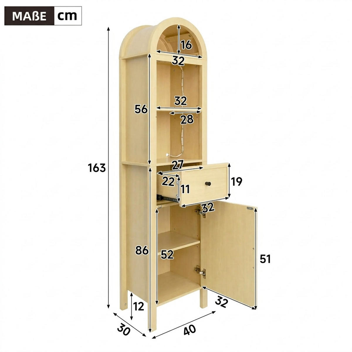 HOCHSCHRANK 40/30/163 cm Naturholz mit 1 Schubladen und LED - Naturfarben, Holz/Holzwerkstoff (30/163/40cm) - Oxeza