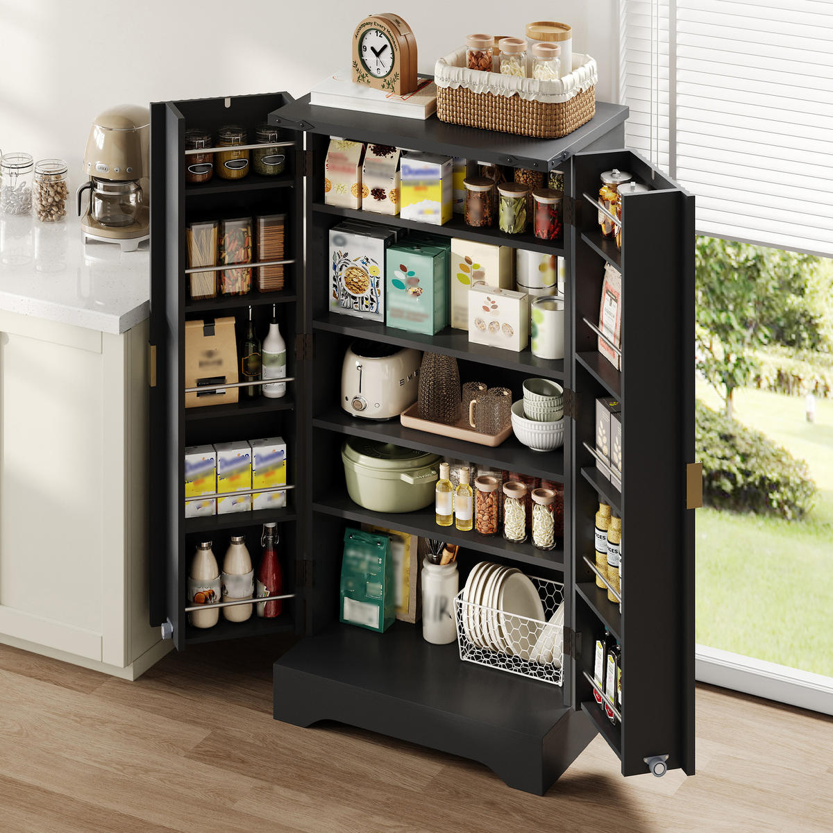 GESCHIRRSCHRANK 60.5/40/120 cm Schwarz mit LED-Sensorlicht und Gewürzregal - Schwarz, Holz (60.5/120/40cm) - Oxeza