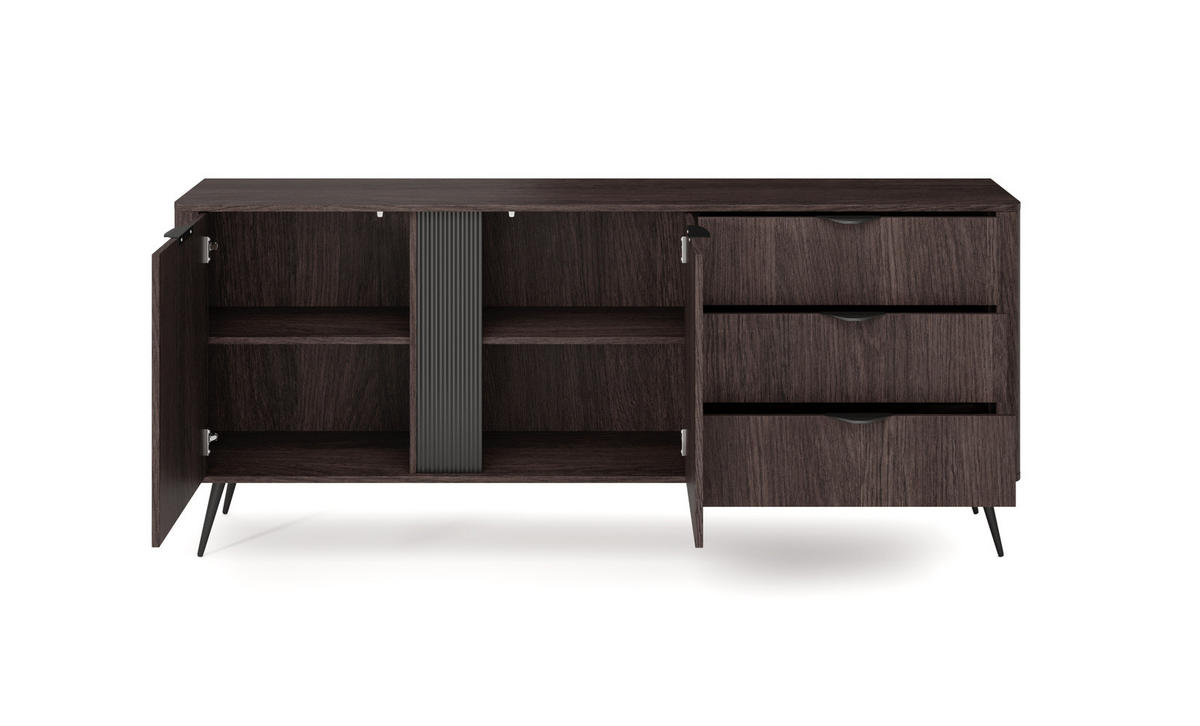 SIDEBOARD Terzo 2D 3S Eiche Dunin mit Rillendekor - Schwarz Metallfüße - Eichefarben/Schwarz, Holz/Holzwerkstoff (195/81/38cm) - Ravio