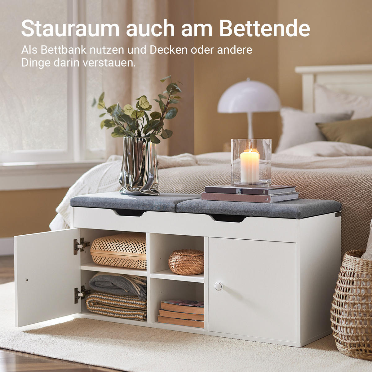SCHUHBANK Weiß, , 100 cm breit, 2 Türen mit verstellbaren Einlegeböden, offenes Mittelfach, Sitzpolster in Grau - Weiß, Holzwerkstoff (100/48/34cm) - SoBuy