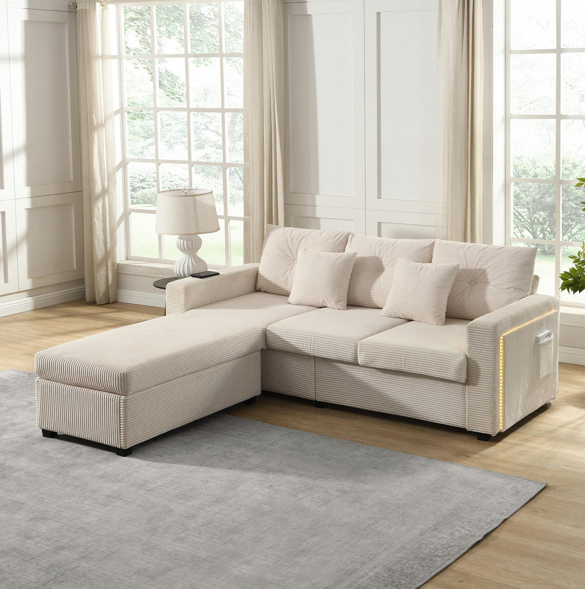 SOFA mit LED und Hocker Cord Beige 5-Kissen-Set - Beige, Kunststoff (184/85.5/84.5cm) - Meubliv