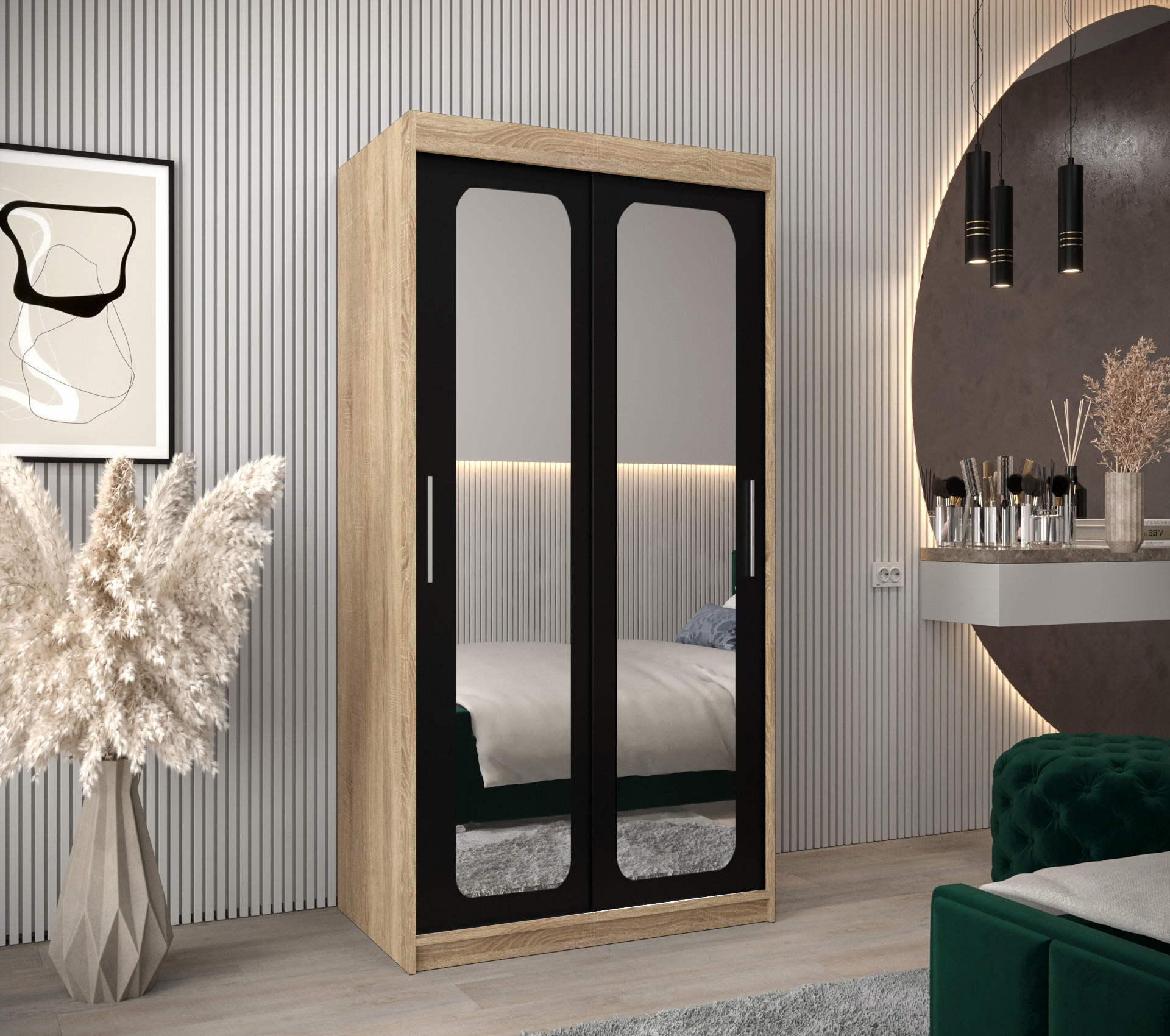 SCHWEBETÜRENSCHRANK 200/100/62 2-türig - Silberfarben/Schwarz, Holz/Kunststoff (100/200/62cm) - Abiks Möbel