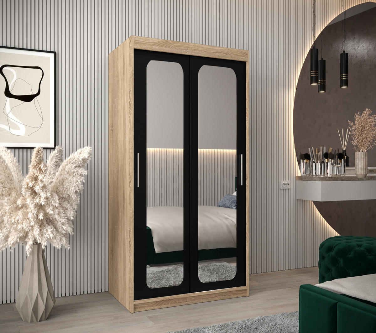 SCHWEBETÜRENSCHRANK 200/100/62 2-türig - Silberfarben/Schwarz, Holz/Kunststoff (100/200/62cm) - Abiks Möbel