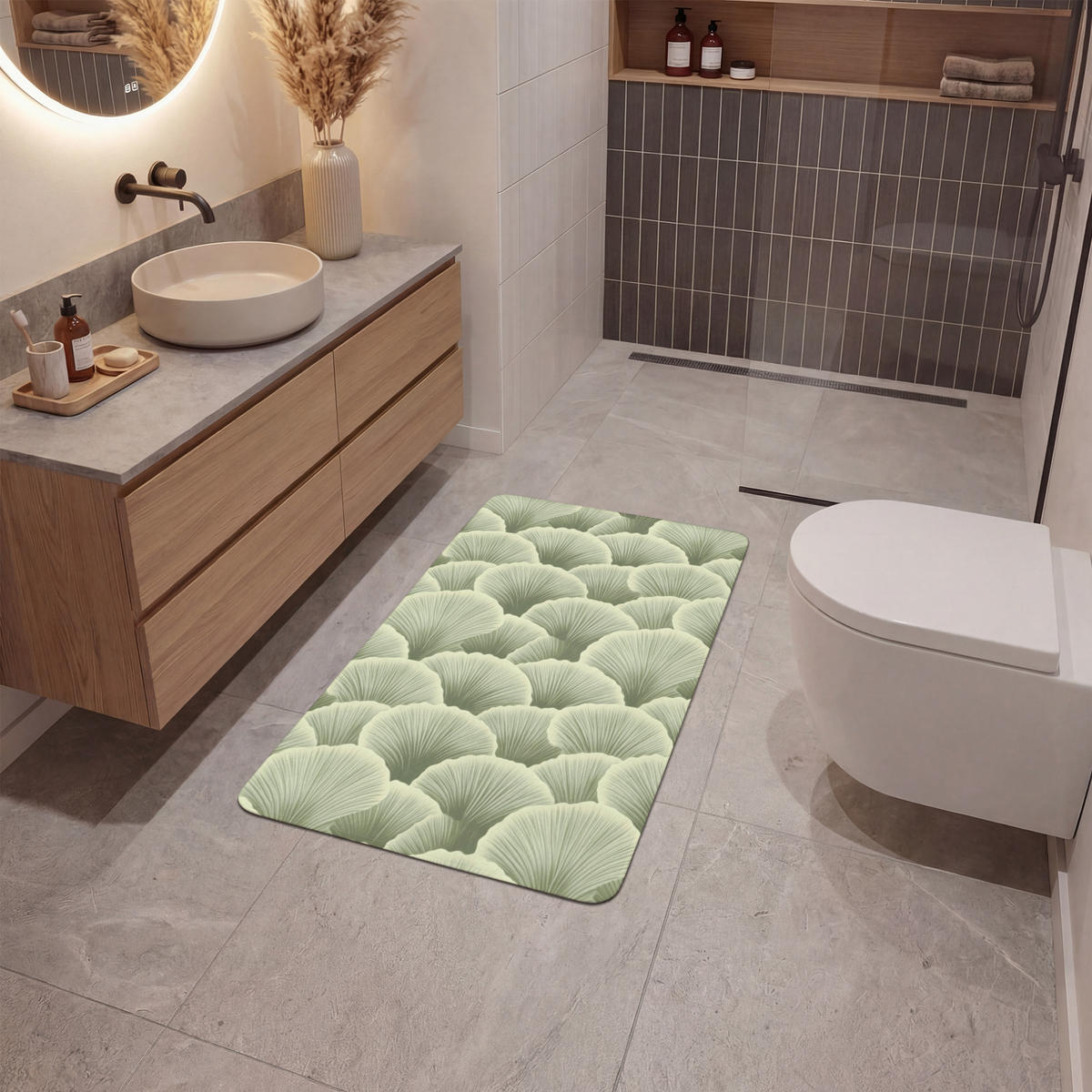 KOUPELNOVÁ PŘEDLOŽKA Vějíř - list - zelený 60x90 cm - pastelově zelená, textil/plast (60/90cm)