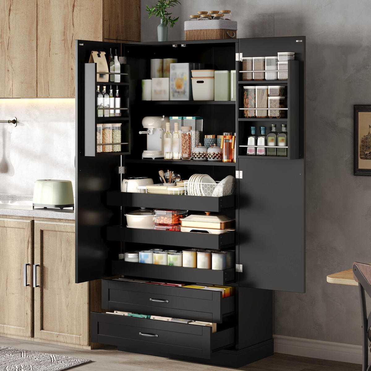 GESCHIRRSCHRANK 180 cm MDF Schwarz mit Ausziehböden und Türregalen - Schwarz, Holzwerkstoff (37.5/180/80cm) - Korfee