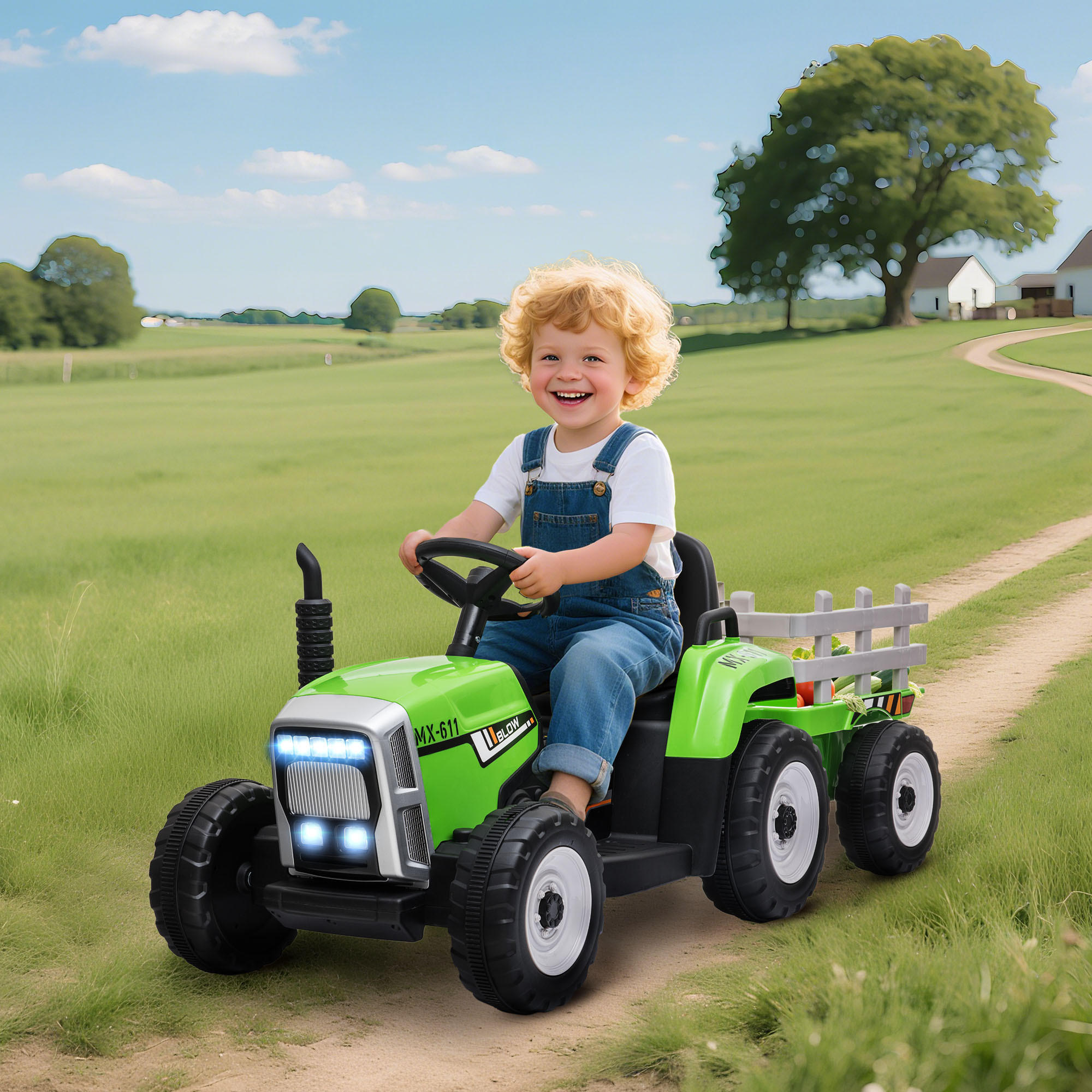 ELEKTRISCHER Traktor Kinder Aufsitztraktor mit MP3 Funktion, 3-6KM/H, Grün - Grün, Metall (136.5/50/52.5cm) - HOMCOM