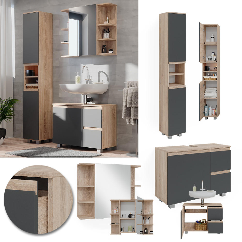 BADMÖBEL-SET J-Shape Sonoma 3 Teile, mit Hochschrank - Anthrazit/Sonoma Eiche, Holzwerkstoff (80/60/33cm) - Vicco