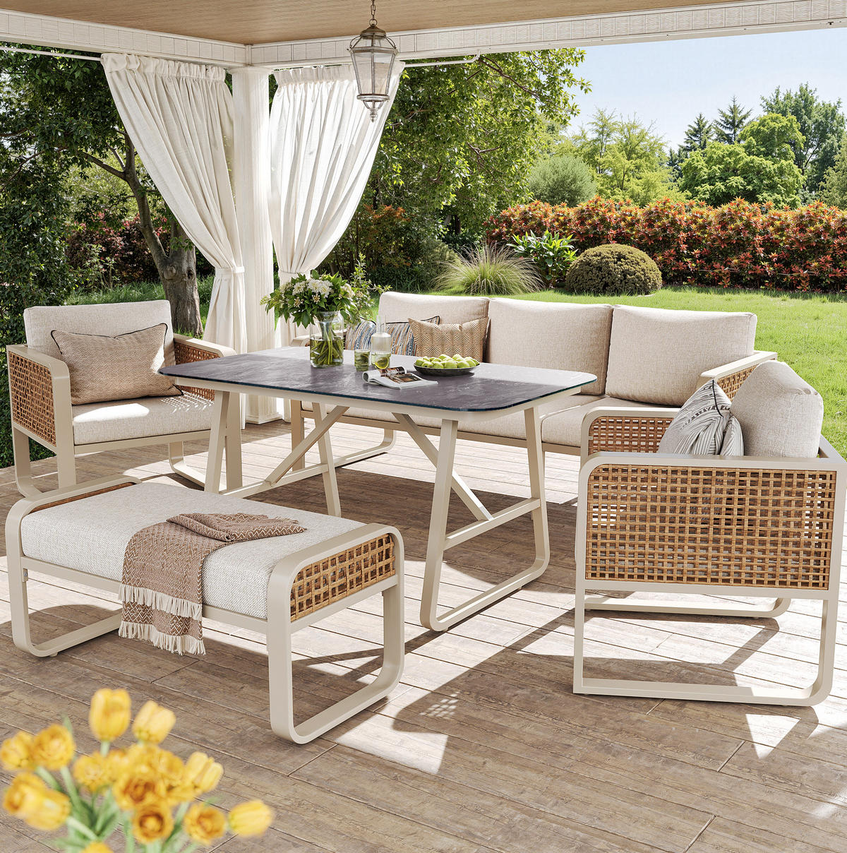 GARTENLOUNGE-SET aus PE-Rattan 178/61/76 cm mit Tisch, waschbaren Kissenbezügen und verstellbaren Füßen, Beige - Beige, Metall - Redom