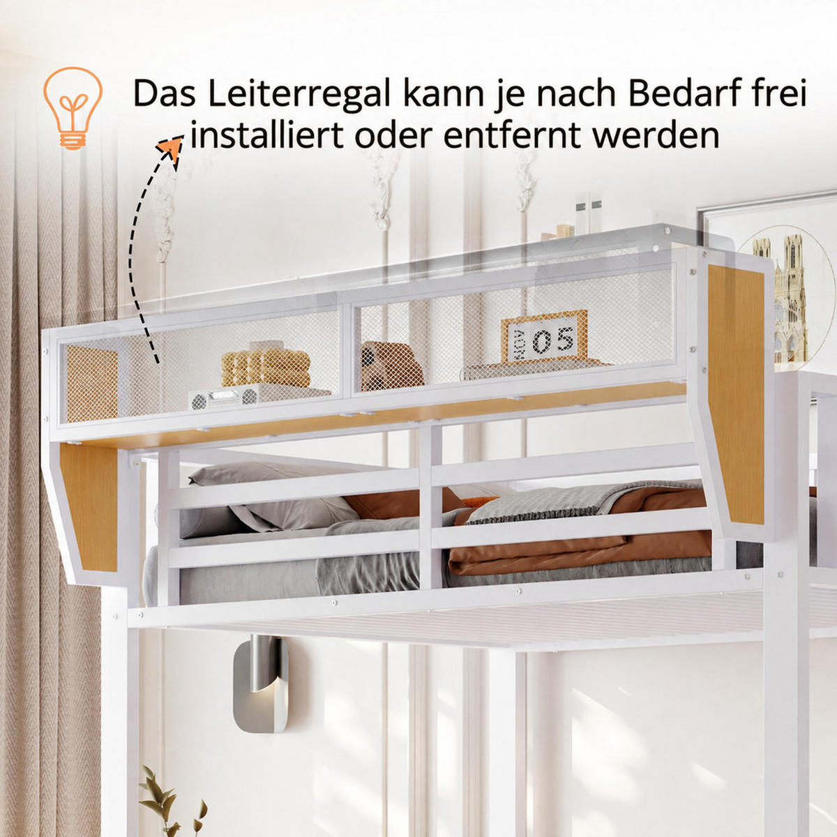 HOCHBETT 90/200 cm Weiß mit Sicherheitsleiter und flexiblem Staufach - Weiß, Metall (90/200cm) - Oxeza