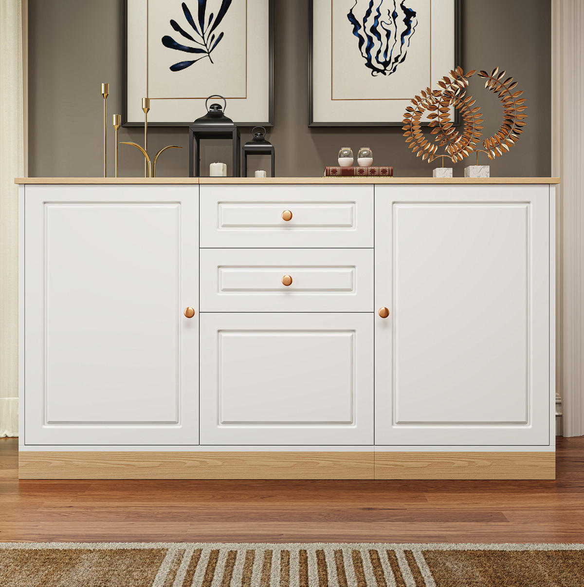 SIDEBOARD 135,5/39/76 cm mit 3 Türen & 2 Schubladen in Weiß und Holzoptik - Weiß, Holzwerkstoff (135.5/76/39cm) - BEAOK