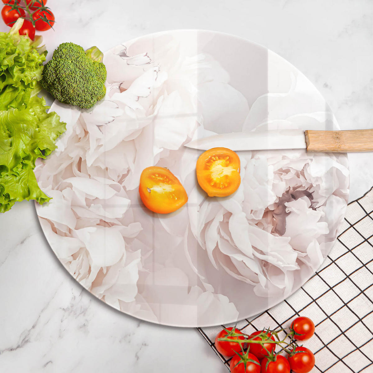 GLASPLATTE Ø 40 cm Pastell Pfingstrosen - Weiß, Glas (40/40cm) - Wallfluent