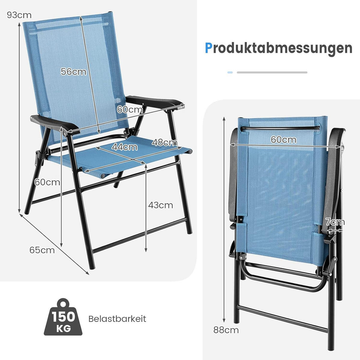 KLAPPSTÜHLE Blau(2er-Set) - Blau, Metall (60/93/65cm) - COSTWAY