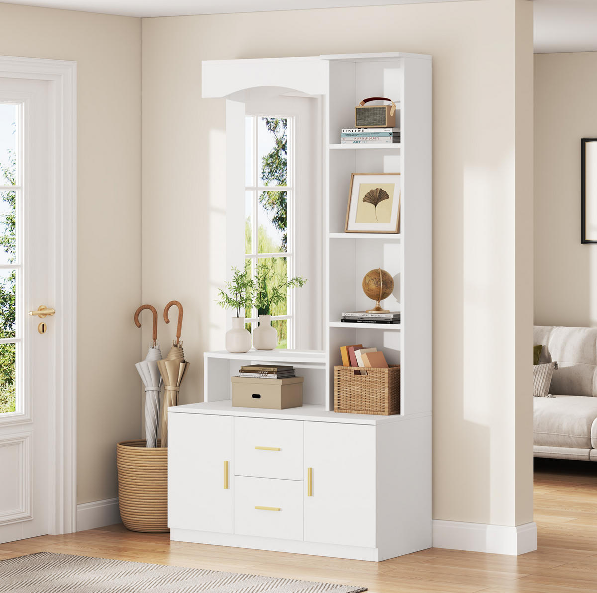 FLURSCHRANK 90/40/180 cm mit Spiegel, 2 Schubladen, 2 Schränken und Regalen aus MDF, Weiß - Weiß, Holzwerkstoff (90/180/40cm) - Redom