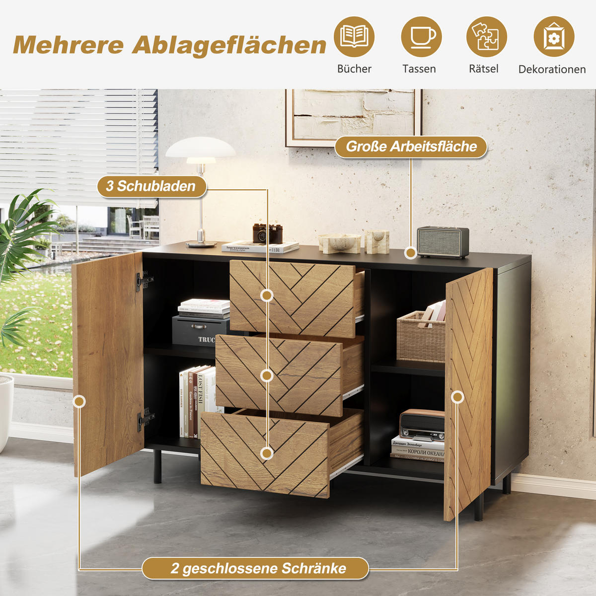 SIDEBOARD 3 Schubladen 2 Türen 120cm Stauraumschrank Modern - Naturfarben, Holzwerkstoff (120/76/40cm) - FLIEKS