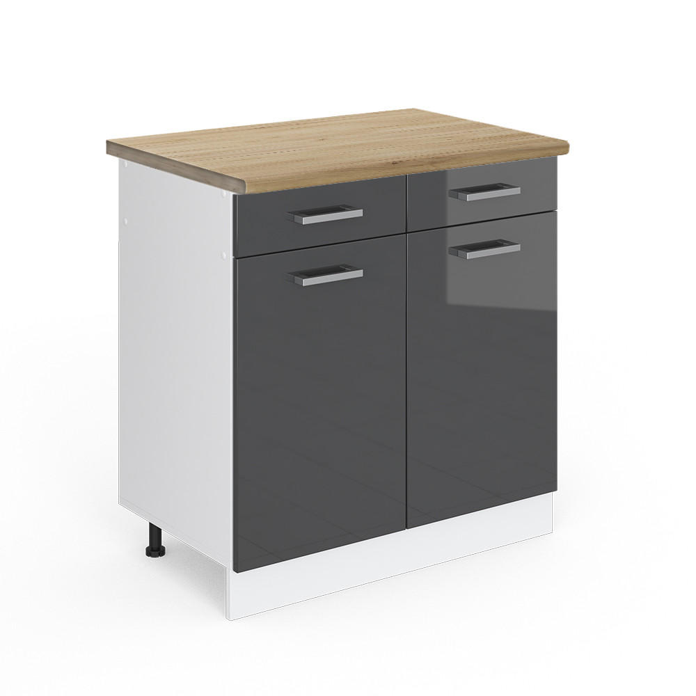 KÜCHENUNTERSCHRANK R-Line Anthrazit Hochglanz 80 cm, AP Eiche - Schwarz Hochglanz/Anthrazit, Holzwerkstoff (80/81.6/60cm) - Vicco