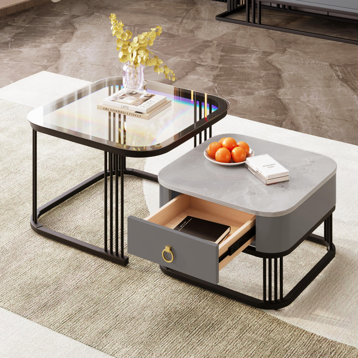 COUCHTISCH MDF mit Marmoroptik & Glas schwarzes Metallgestell integrierte Schublade, 60/60/42 + 50/50/34 cm, Schwarz und Grau - Schwarz, Holzwerkstoff (60/60/42cm) - Redom
