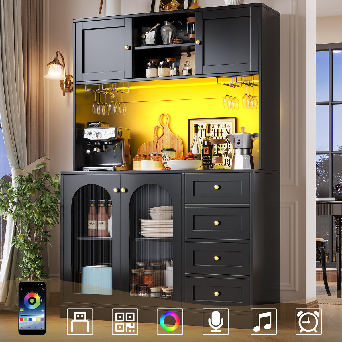 BUFFET Küchenschrank MDF Fluted Glas LED App Steuerung Anti-Kipp System Stauraum 120/40/188 - Schwarz, Glas/Holzwerkstoff (120/188/40cm) - EVRYAE