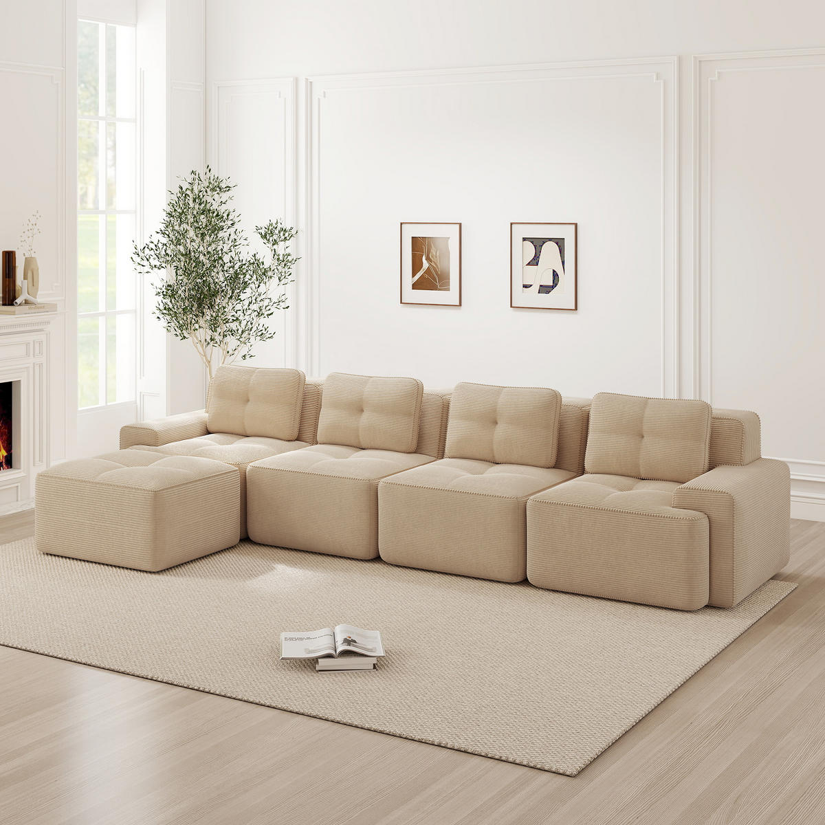 4-SITZER ECKSOFA Cord Beige Rutschfest Und Montagefrei - Beige, Textil (382/177cm) - WISHDOR
