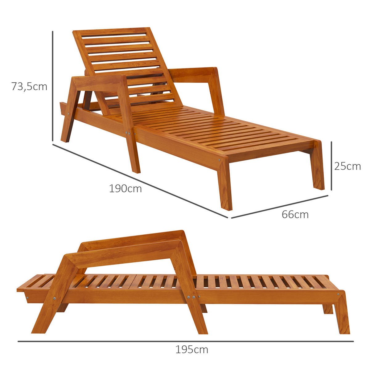 SONNENLIEGE, Gartenliege aus Holz, Wetterfest Relaxliege für Balkon, Terrasse, Orange - Orange, Holz (66/73.5/190cm) - Outsunny