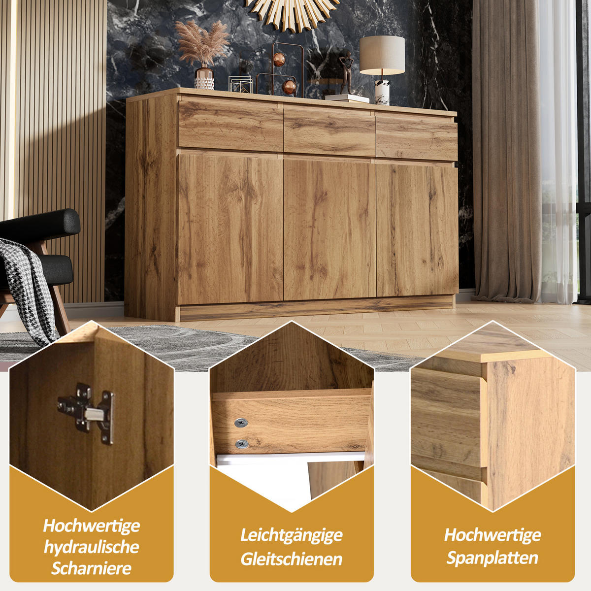 SIDEBOARD 135/40/81 cm in Holzoptik mit 3 Türen und 3 Schubladen - Naturfarben, Holzwerkstoff (135/81/40cm) - Flora Grace
