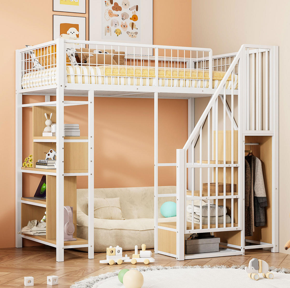 HOCHBETT 90/200 cm Weiß mit Stauraumtreppe und Stauraum - Weiß, Metall (90/200cm) - MIVRAY
