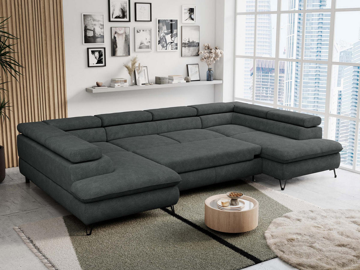 WOHNLANDSCHAFT PETER U Struktur Dunkelgrau - Dunkelgrau/Schwarz, Textil/Metall (346/76/208cm) - MKS