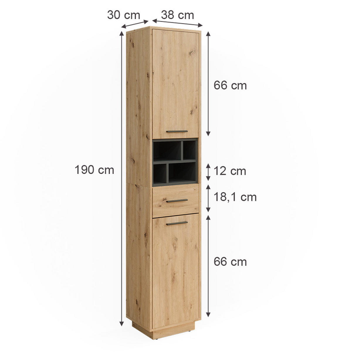 BADSCHRANK Beatrice Artisan Eiche/Anthrazit 38 x 190 cm mit Türen, Schublade - Eiche Artisan, Holzwerkstoff (38/190/30cm) - Vicco