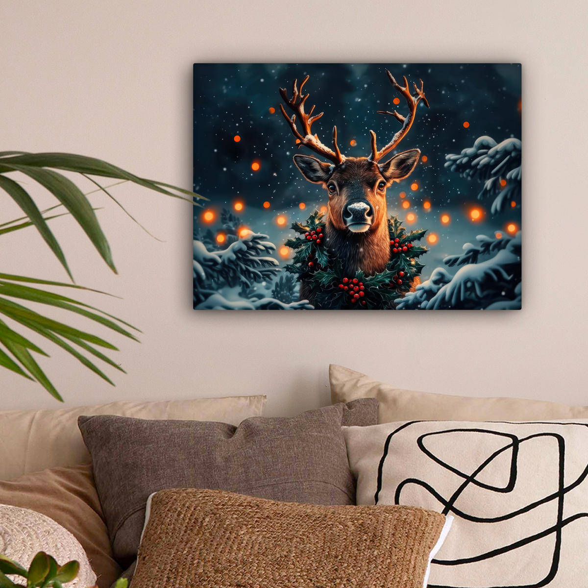 LEINWANDBILD Hirsch - Weihnachten - Winter - Schnee - Weihnachtskranz 40x30 cm - Dunkelbraun, Textil (40/30cm) - MuchoWow