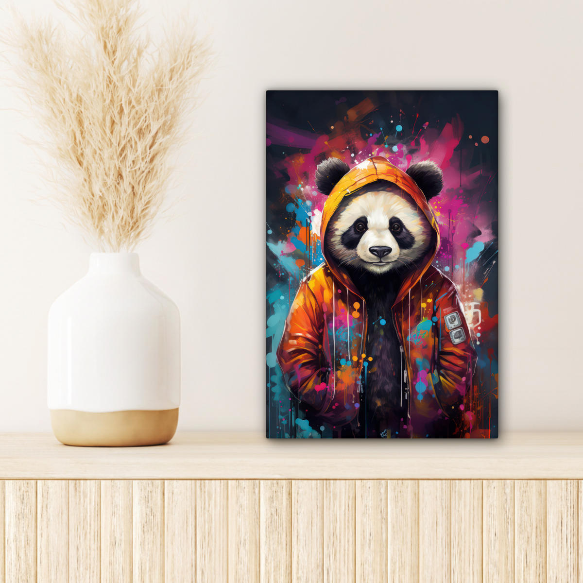 LEINWANDBILD Panda - Jacke - Graffiti - Orange Deko Wohnzimmer 20x30 cm - Orange, Textil (20/30cm) - MuchoWow