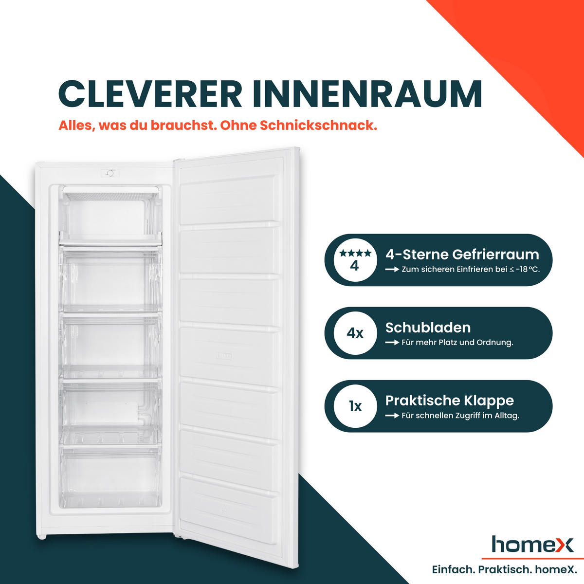 GEFRIERSCHRANK groß - 168L Nutzinhalt, 4-Sterne Gefrieren, freistehend, leise, weiß - Weiß, Kunststoff/Metall (54.4/142.6/57.1cm) - homeX