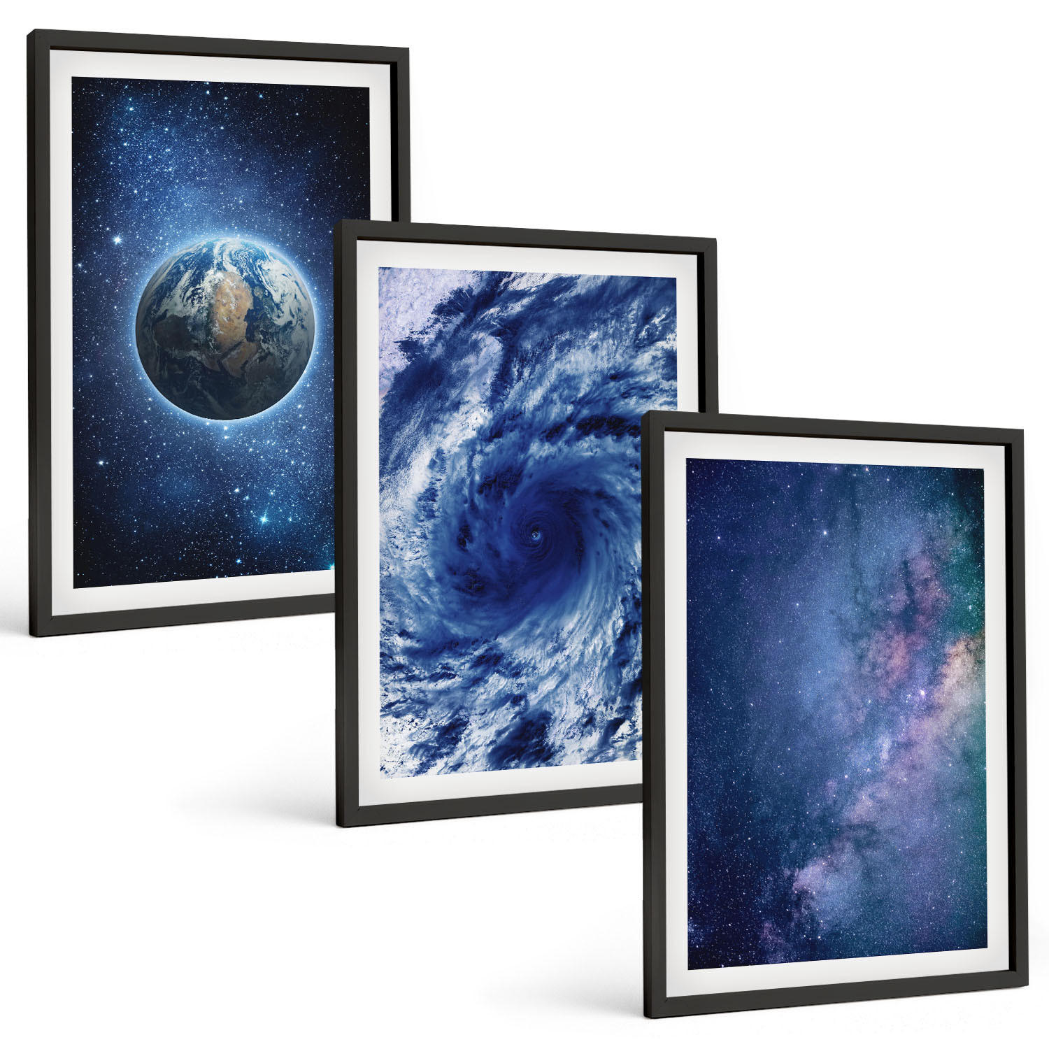BILDER SET 3er Set - 40x60 cm Schwarzer Rahmen - Erde Weltraumsturm Galaxie - Schwarz, Kunststoff (40/60cm) - TULUP