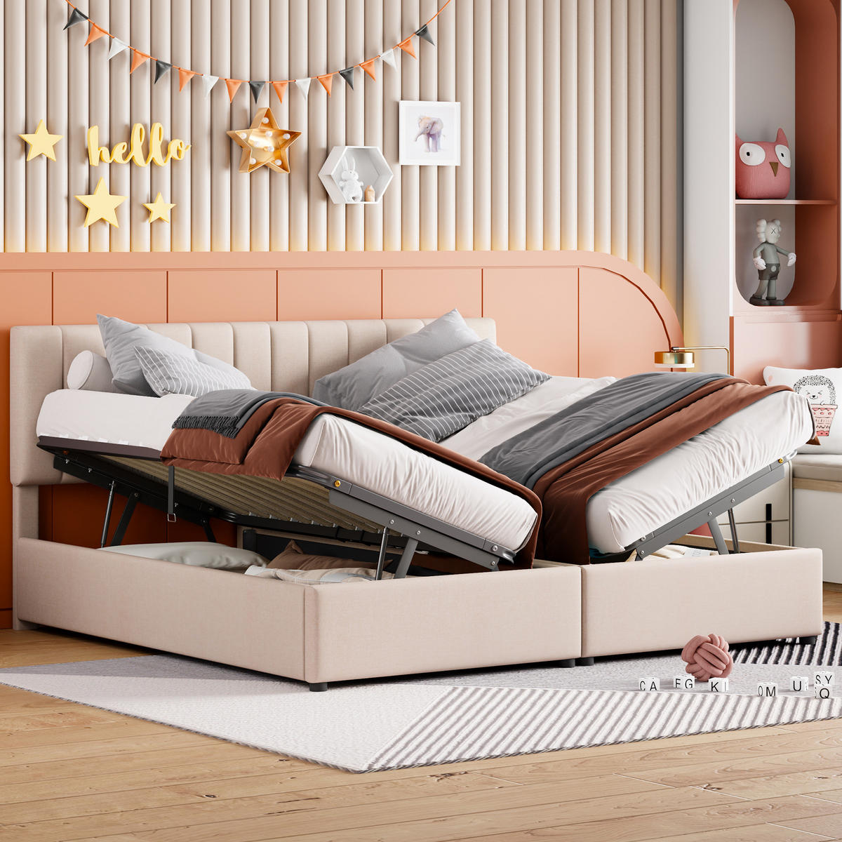 BETT mit hydraulischem Stauraum 180x200 cm Beige umbaubar zu 2x 90 cm - Beige, Metall (180/200cm) - Meubliv