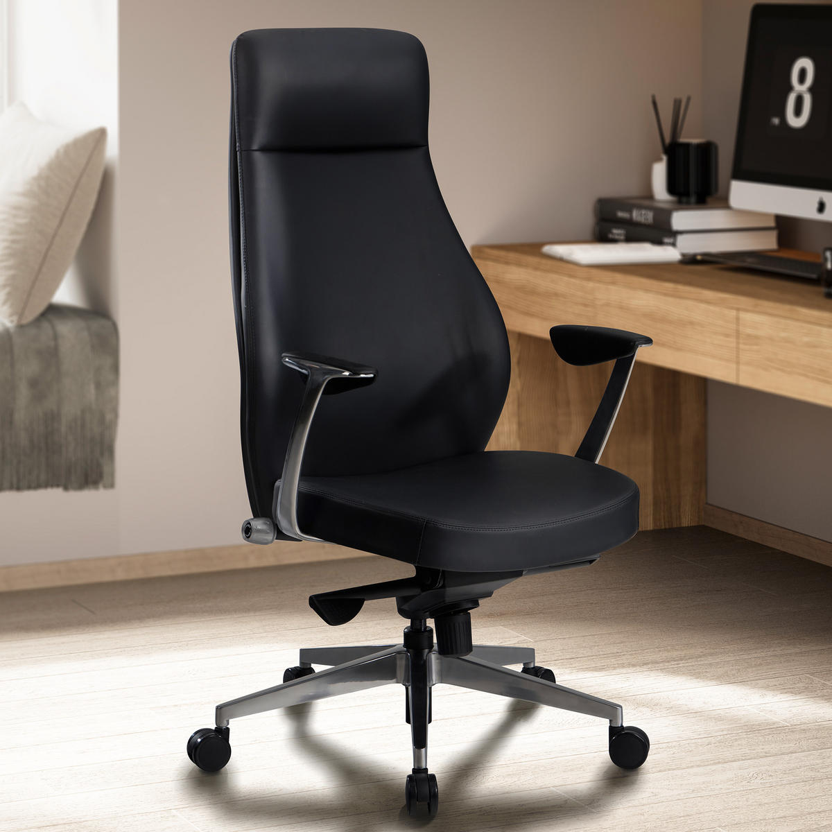 BÜROSTUHL Kunstleder bis 120 kg mit Wippmechanik, Armlehnen und hoher Rückenlehne, Schwarz 74x74x125 cm - Silberfarben/Schwarz, Textil/Metall (74/125/74cm) - KADIMA DESIGN
