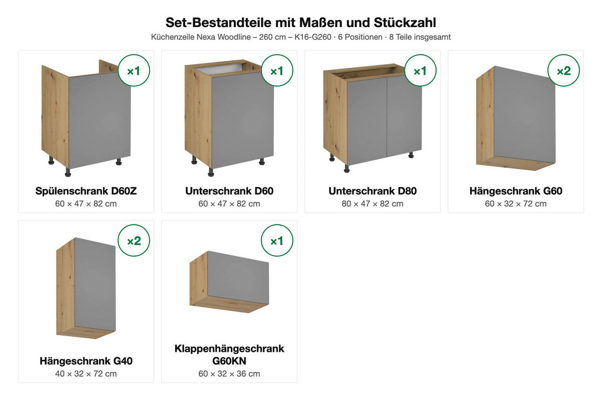 KÜCHENZEILE Nexa Woodline – 260 cm – K16-G260 - Hellbraun, Holzwerkstoff (260/210/47cm) - ROYAL24_MARKT