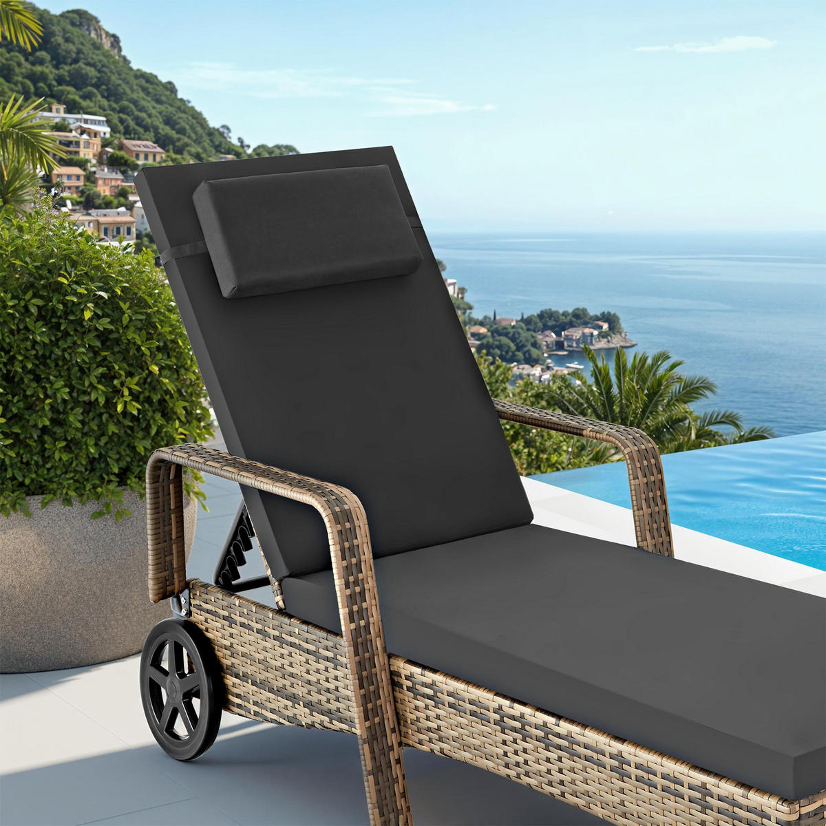 RATTAN-SONNENLIEGE ,200 x 70 x 33 cm,natur/dunkelgrau - Naturfarben, Kunststoff (70/33/200cm) - tectake