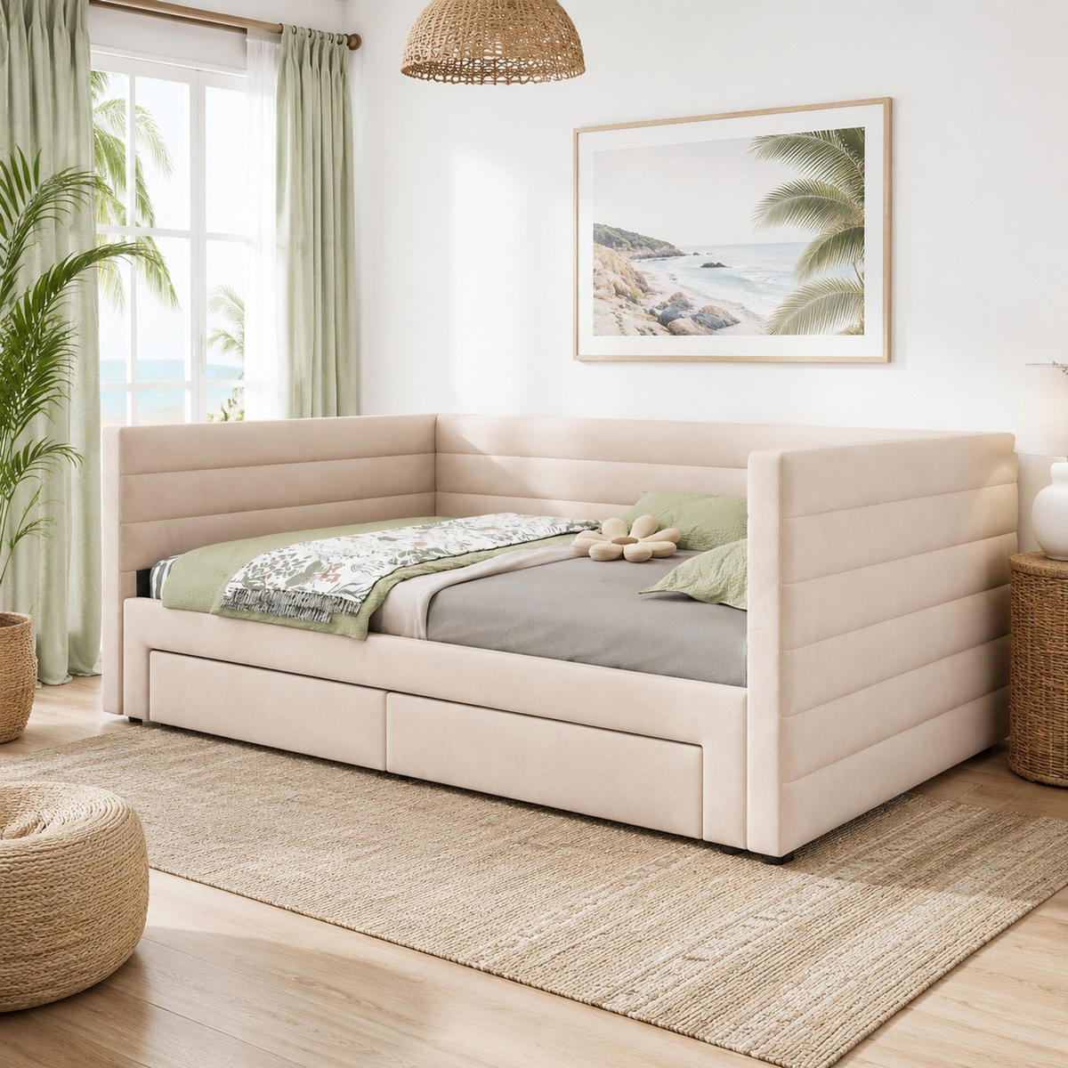 POLSTERBETT 90/190 mit Ausziehfunktion, 2 Schubladen und Lattenrost aus Baumwolle-Leinen in Beige - Beige, Holzwerkstoff/Textil (90/190cm) - EVRYAE