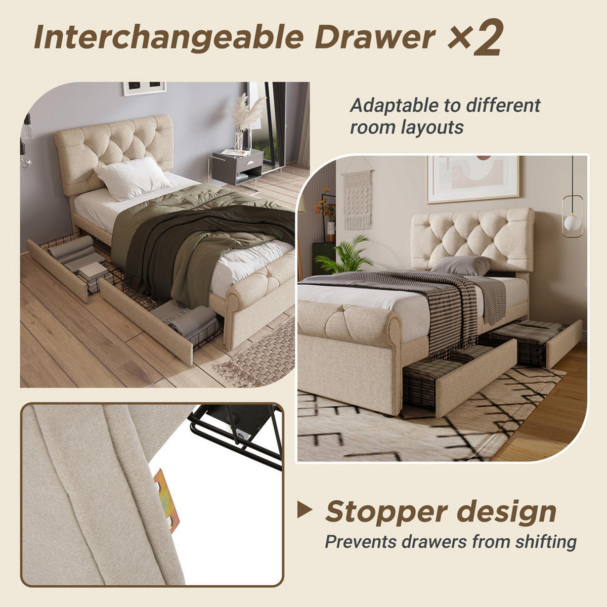 POLSTER EINZELBETT 90x200cm mit 2 Schubladen verstellbarem Kopfteil Natürlich - Braun, Holz (90/200cm) - FLIEKS