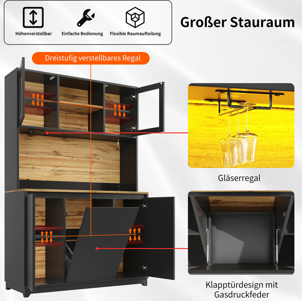 BUFFET 120/180/40 cm Schwarz aus MDF und Metall mit LED-Beleuchtung - Schwarz, Holzwerkstoff (40/180/120cm) - OKMYHOME