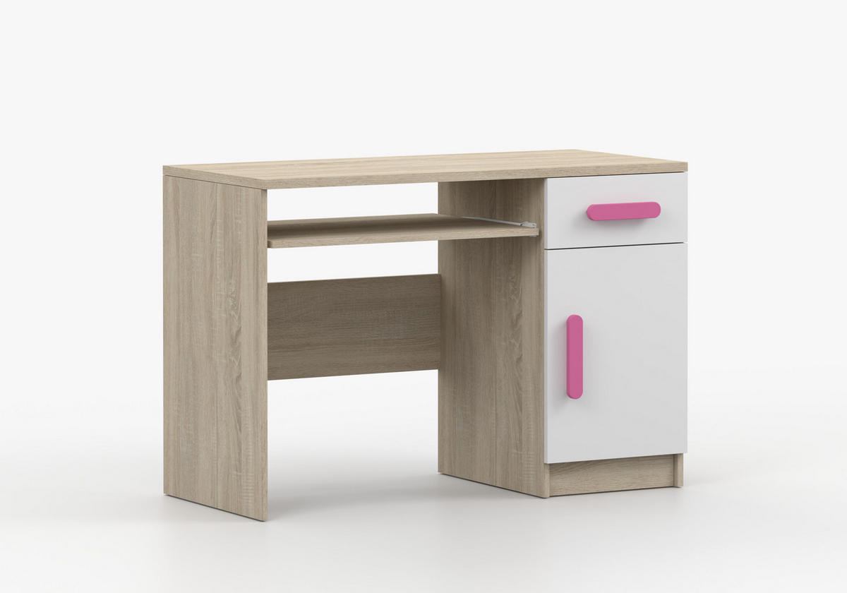 JUGENDZIMMER Elora in Eiche und Weiß – 4-teiliges Set mit Schreibtisch, Kommode, Wandregal und Schrank – Grifffarbe Rosa - Braun, Holzwerkstoff (80/200/120cm)