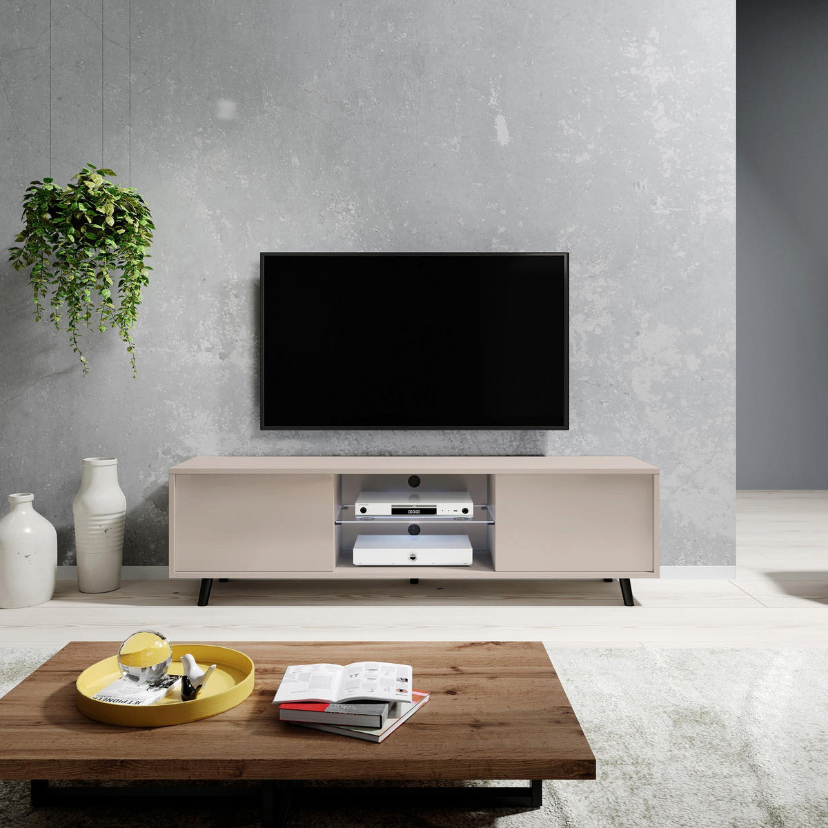 TV stolek LEFYR šedobéžový s LED a přihrádkami 140 cm - černá/šedohnědá, kompozitní dřevo (140/30/31.3cm) - Selsey