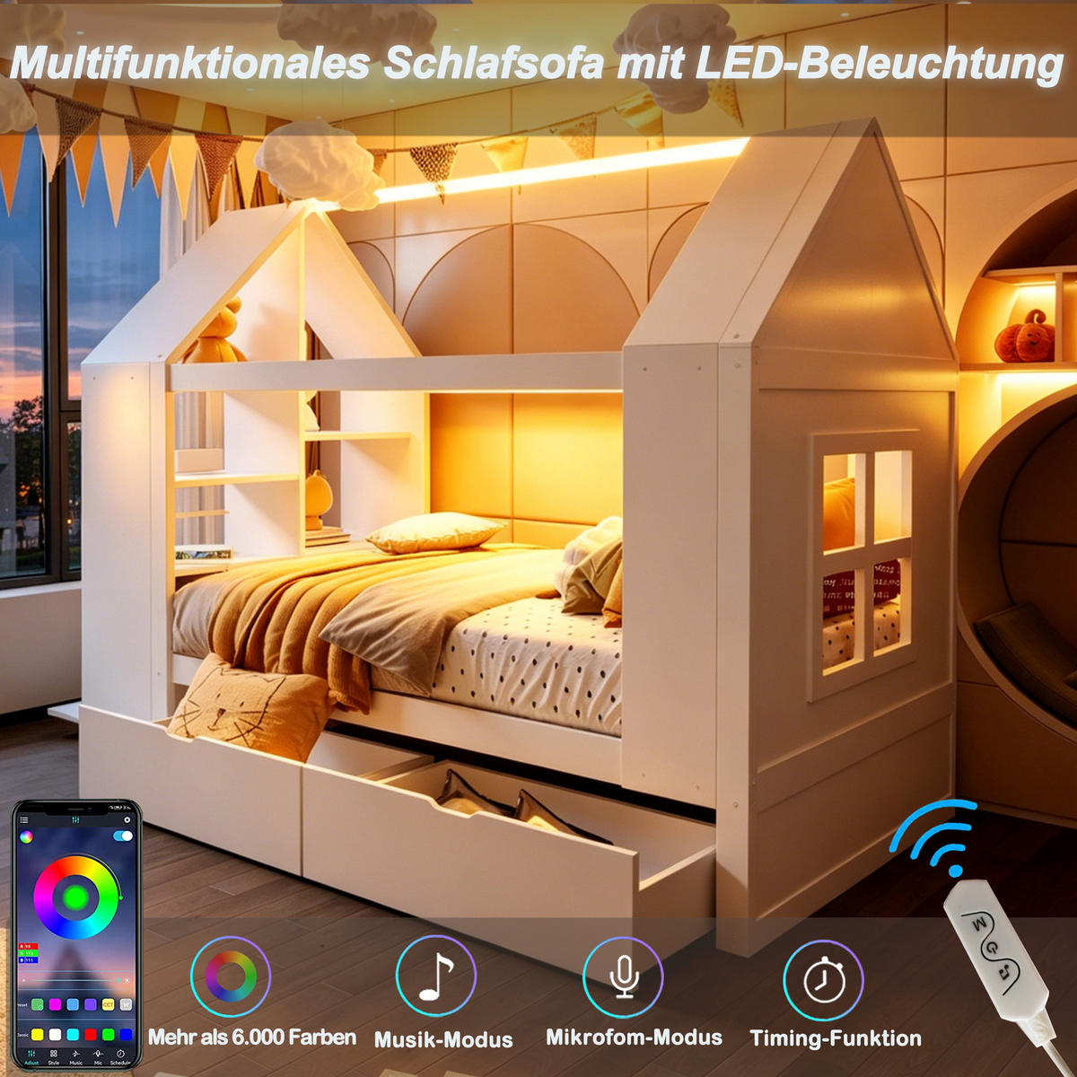 KINDERBETT 90x200 Hausdesign LED Schubladen Weiß - Weiß, Holz (90/200cm) - FLIEKS
